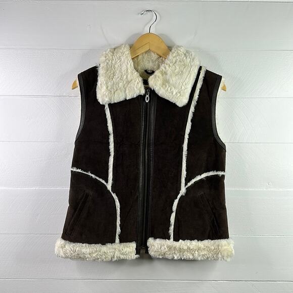 STEVE MADDEN Brown Leather Cream Fur Zip Up Vest Jacket Size Medium - Picture 1 of 11